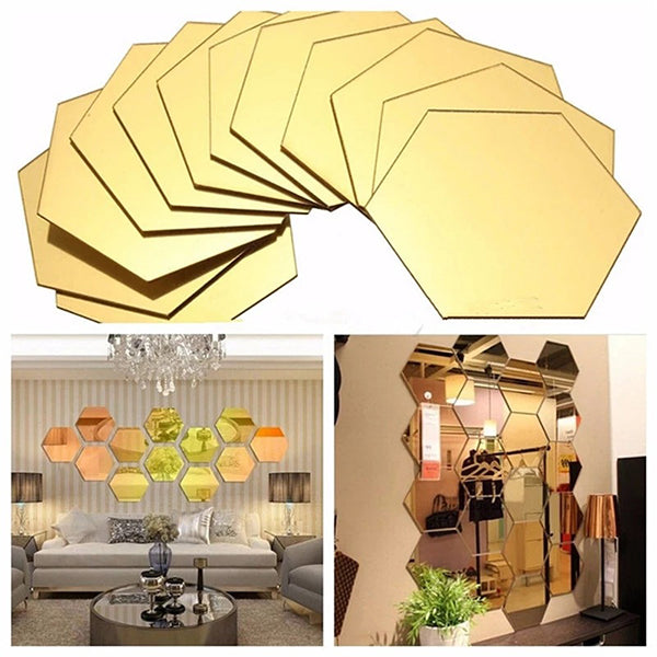 12x Acrylic Hexagon Wall Art Mirror (Gold)