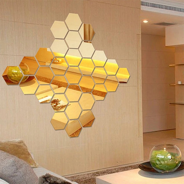12x Acrylic Hexagon Wall Art Mirror (Gold)