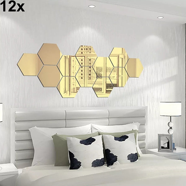 12x Acrylic Hexagon Wall Art Mirror (Gold)