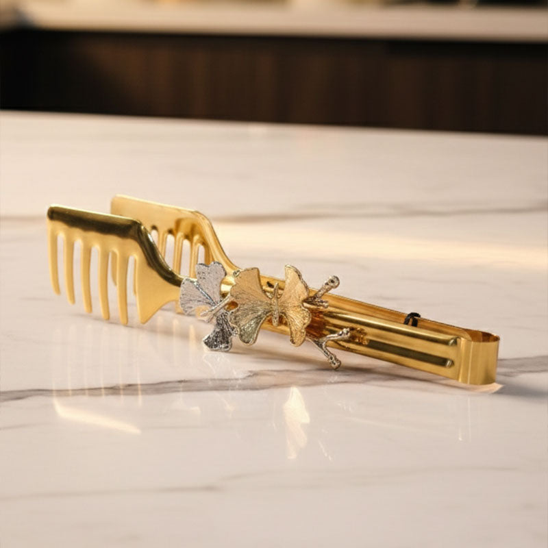 Luxury Golden Floral Pasta & Serving Tong – Premium Stainless Steel Kitchen Tongs